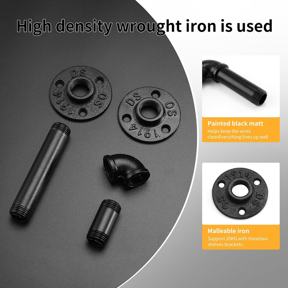 1/2" Pipe Shelf Bracket，Wall Mounted Floating Shelf Bracket, Steam Punk Decor Hanging Wall Metal Bracket, Heavy Duty Decorative Rustic Shelving Bracket (8, 4.5*4.5"(11.5*11.5cm))