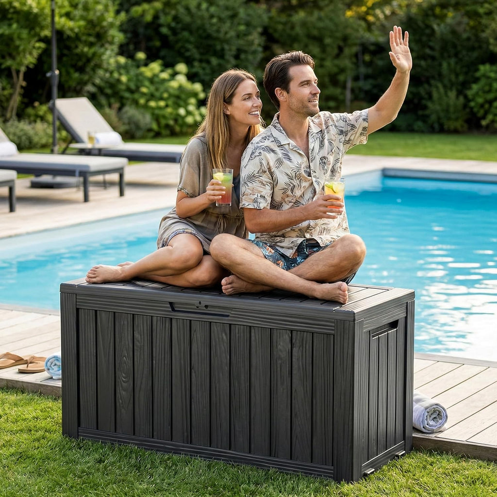 drato 100 gallon waterproof deck box outdoor storage, side view