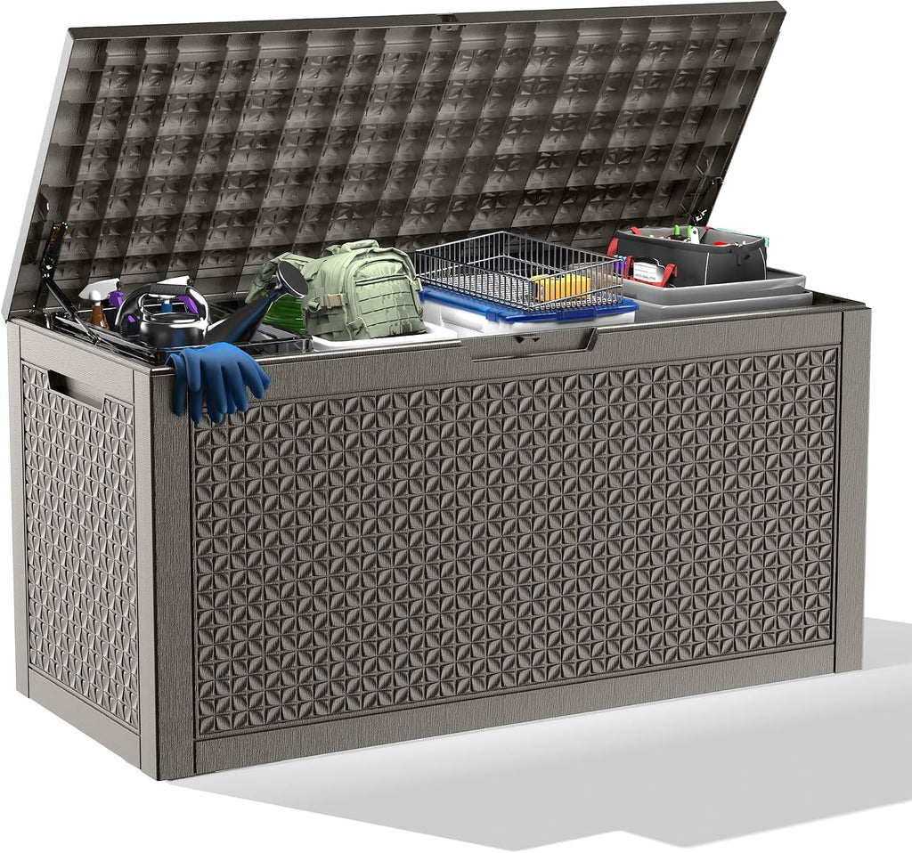 New 121 Gallon Outdoor Storage Box, Resin Deck Boxes Waterproof, Indoor Outdoor Bin for Package Delivery, Patio Cushions, Gardening Tools, Lockable, UV Resistant