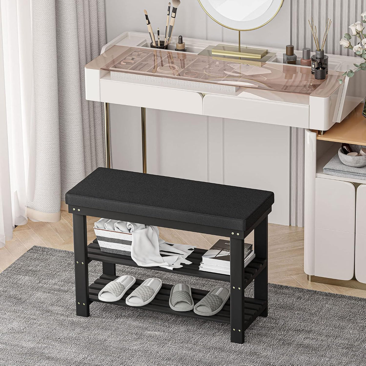 domax bamboo shoe bench with cushion, 3-tier shoe showing dimensions