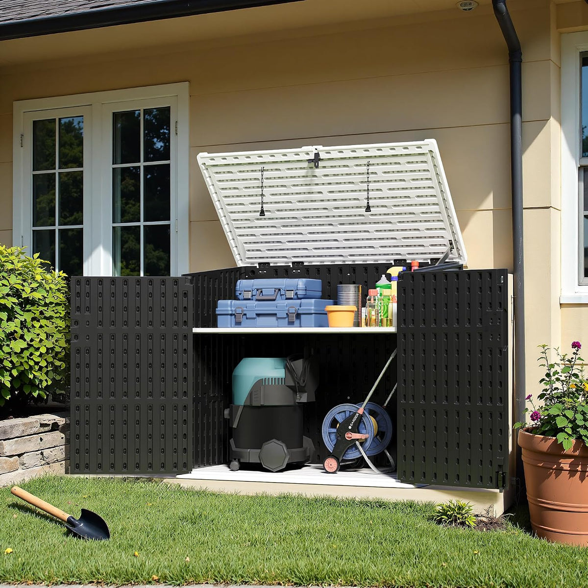 greesum outdoor trash can storage shed, 34 cu.ft showing dimensions