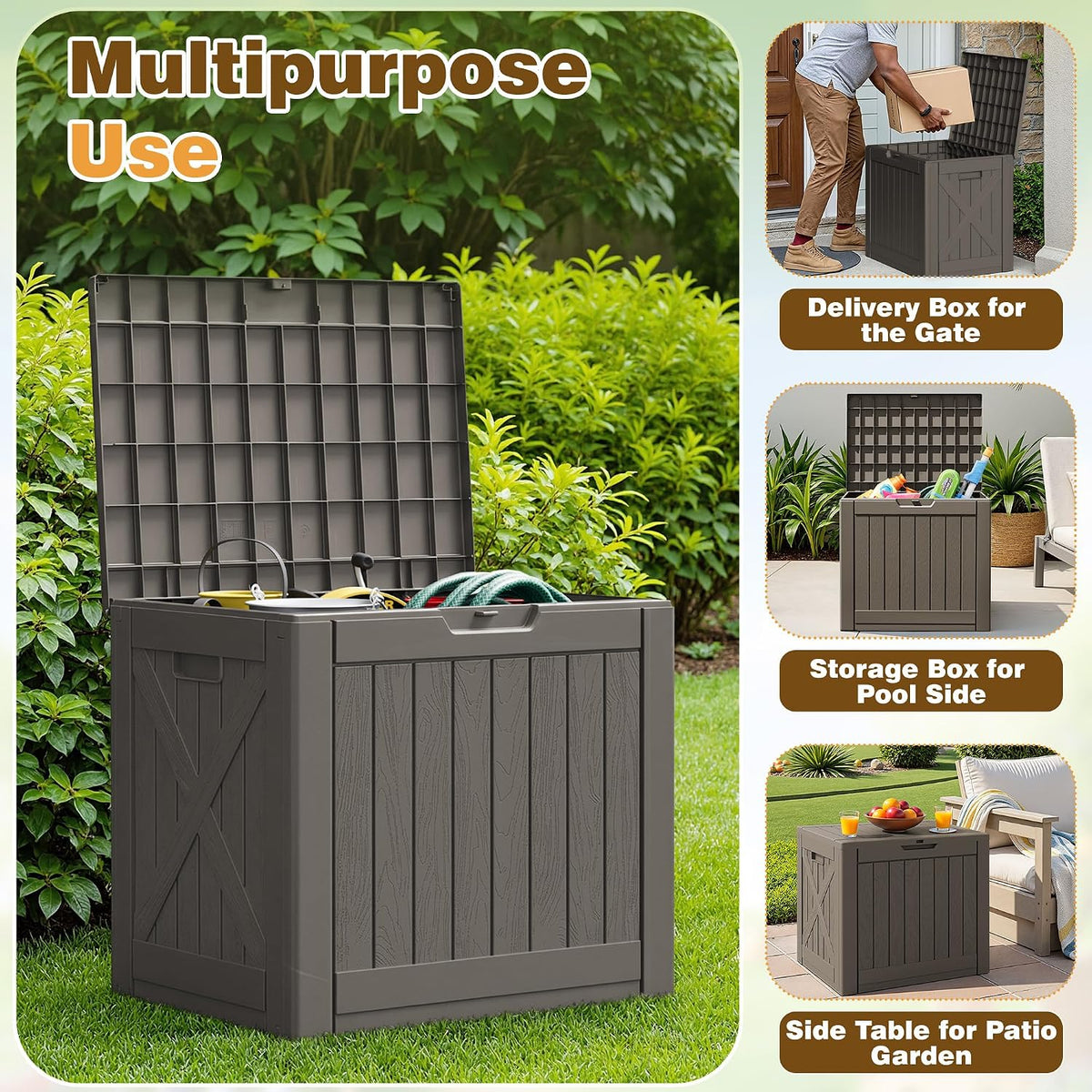 flamaker resin deck box 40 gallon waterproof outdoor on a desk or shelf