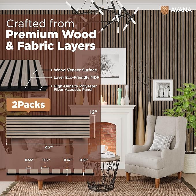 Avana Acoustic Wood Wall Panels – 47.2 X 12.6 Inch Walnut Acoustic Panels 2 PCs