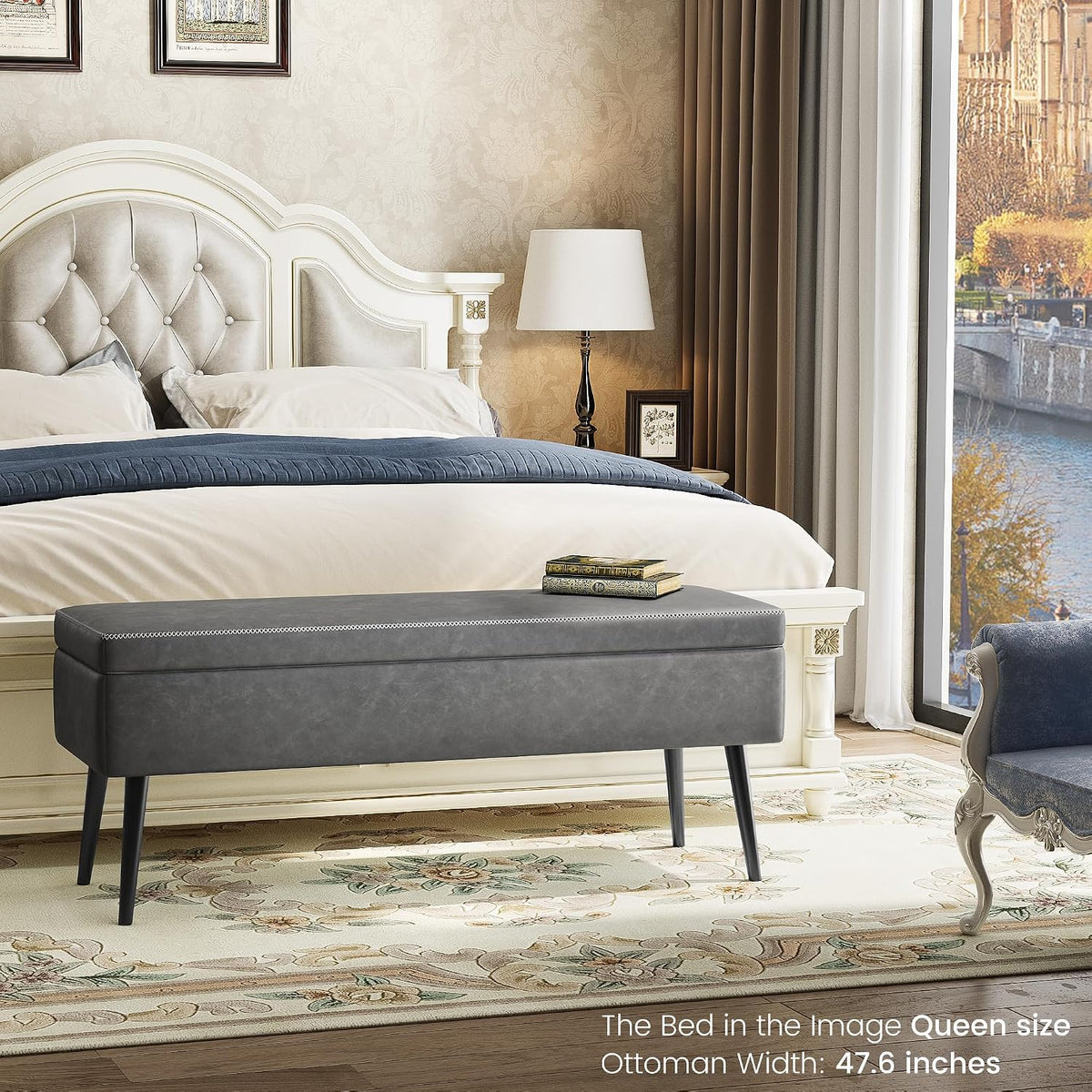 IDEALHOUSE Storage Ottoman Bench, Ottoman Foot Rest, Mid-Century Modern, Stitching and Synthetic Leather, Dual Safety Hinges, 670 LBS Load, End of Bed Bench for Bedroom, Living Room, Entryway, Grey