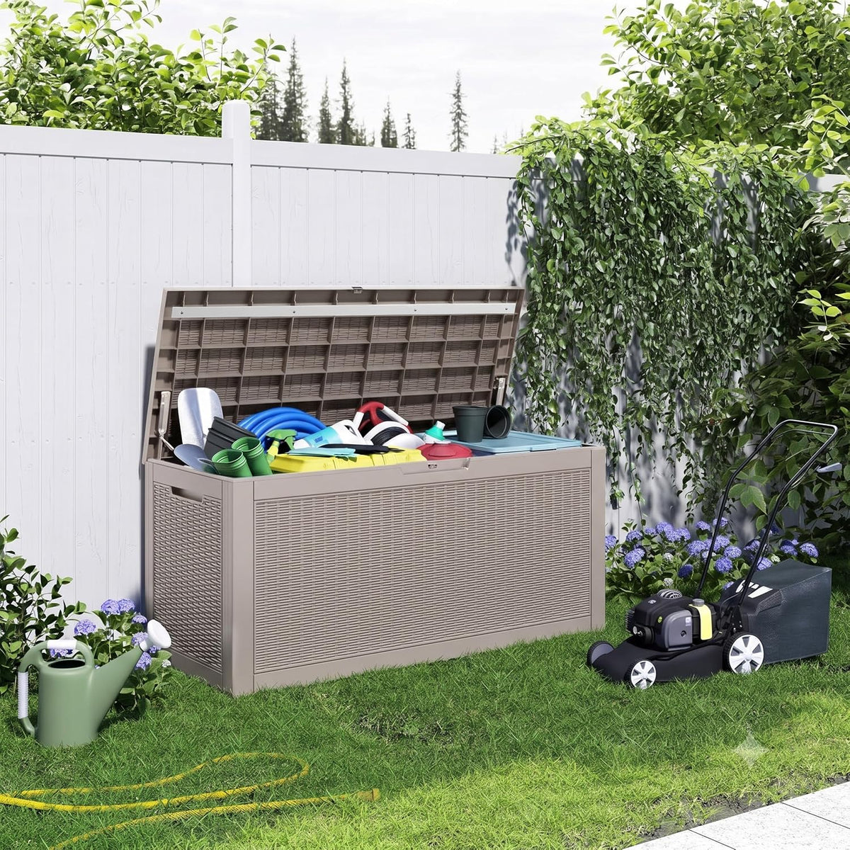 patiozen 150 gallon resin deck box, lockable patio on a desk or shelf