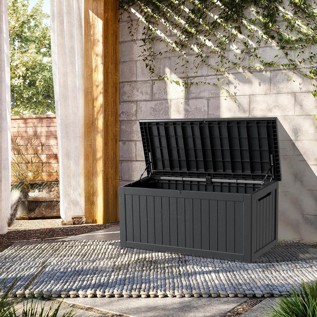 outdoor storage box, 200 gallon waterproof deck box shown in use