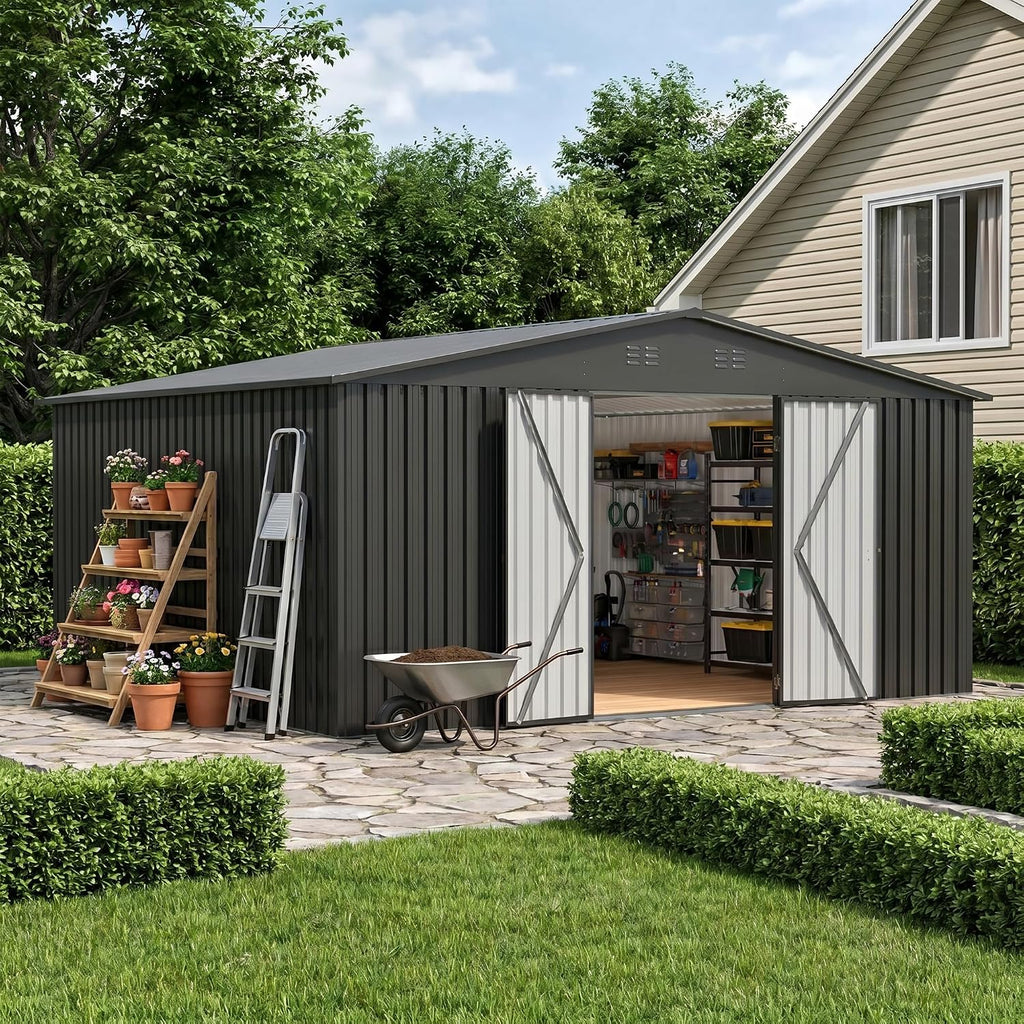 PABIMIA14X12 FT Outdoor Metal Storage Shed, Waterproof Storage Shed with Lockable Doors for Tools, Equipment, Ideal for Backyard Garden Patio Lawn