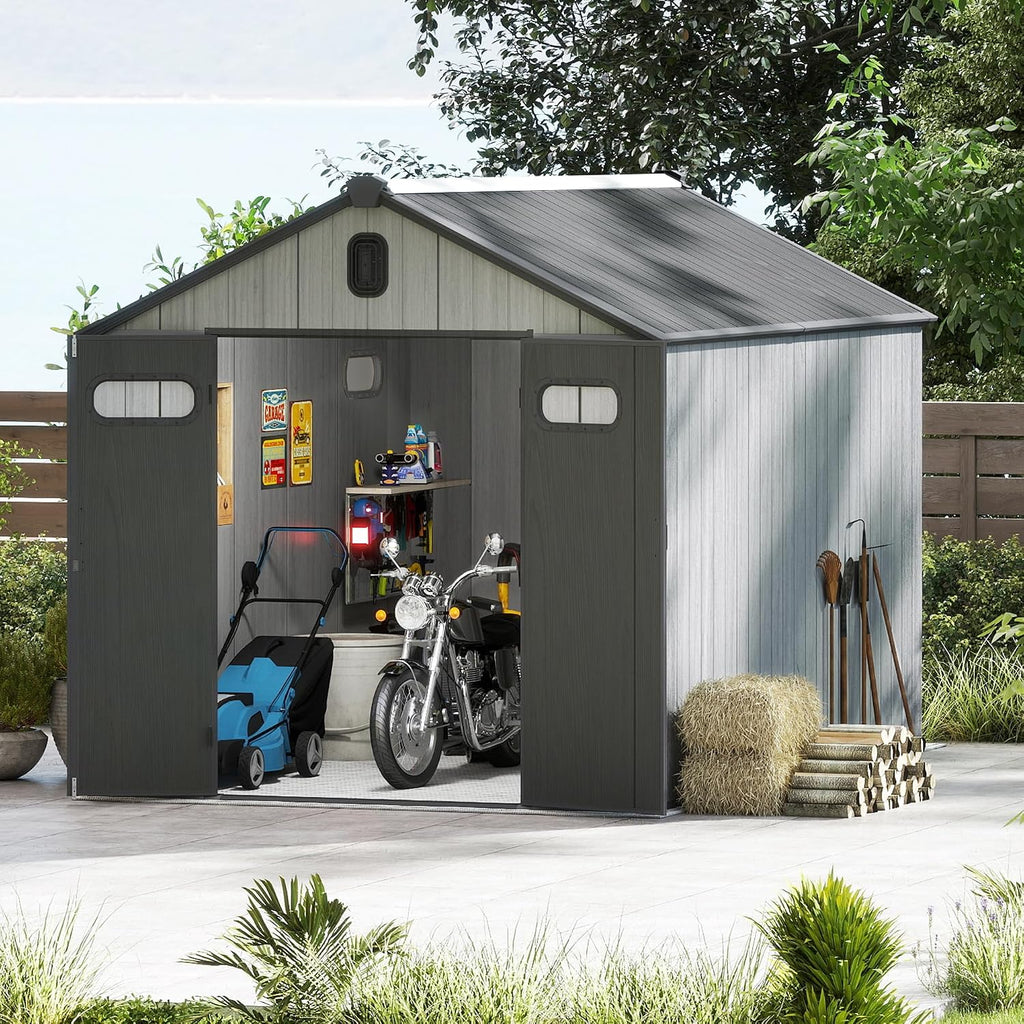 Domi 8x10FT Outdoor Resin Storage Shed with Transparent Windows & Louvered Vents, Plastic Tool Shed with Double Lockable Doors & Gable Roof, Outside Garden Shed for Backyard, Patio, Lawn, Grey