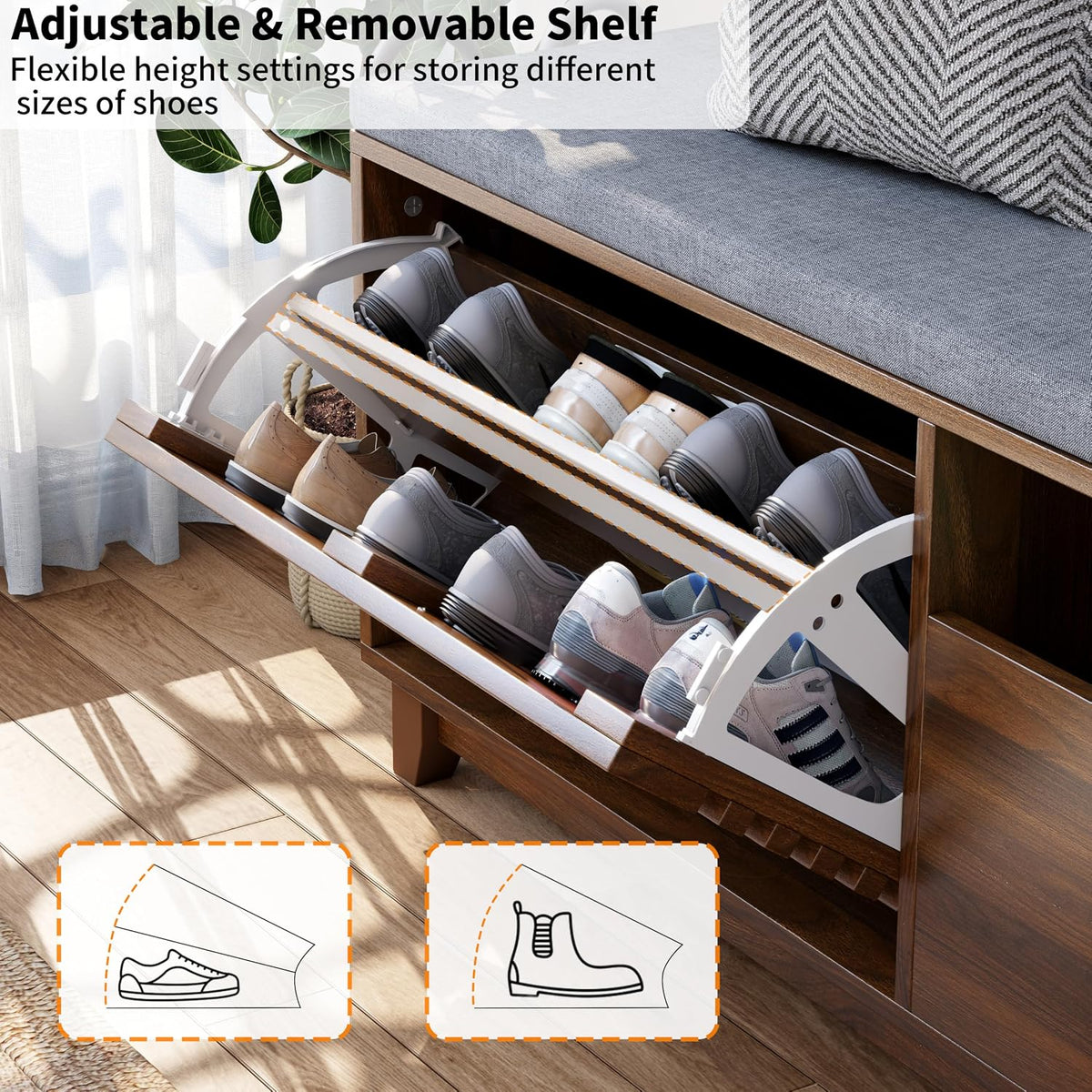 Loomie 47.2" Shoe Storage Bench with Flip Drawer, 2-Tier Entryway Bench