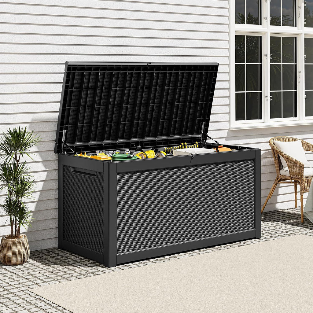 resin outdoor deck storage box waterproof (black, 300 shown in use
