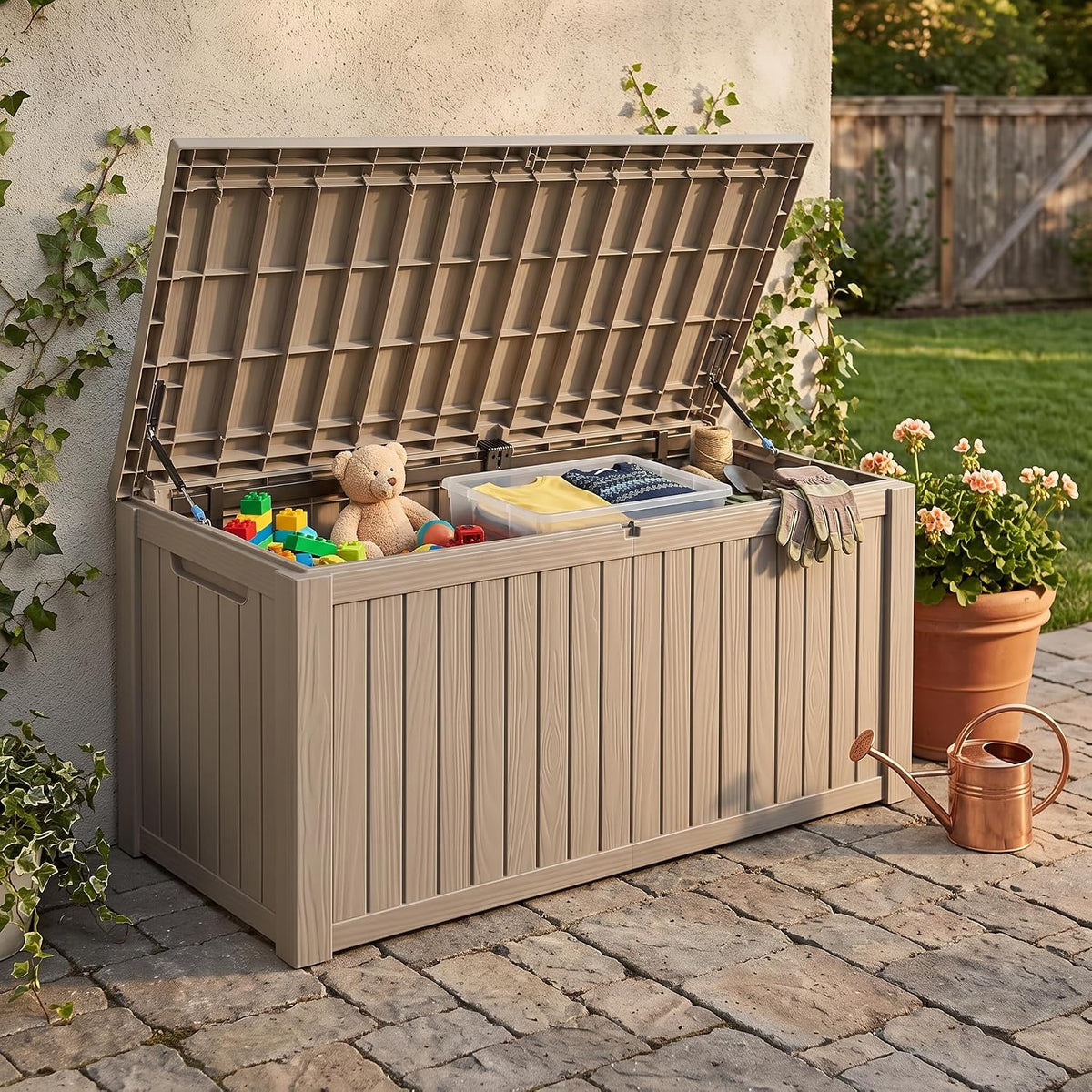 320 gallon extra-large outdoor storage box, waterproof lockable on a desk or shelf