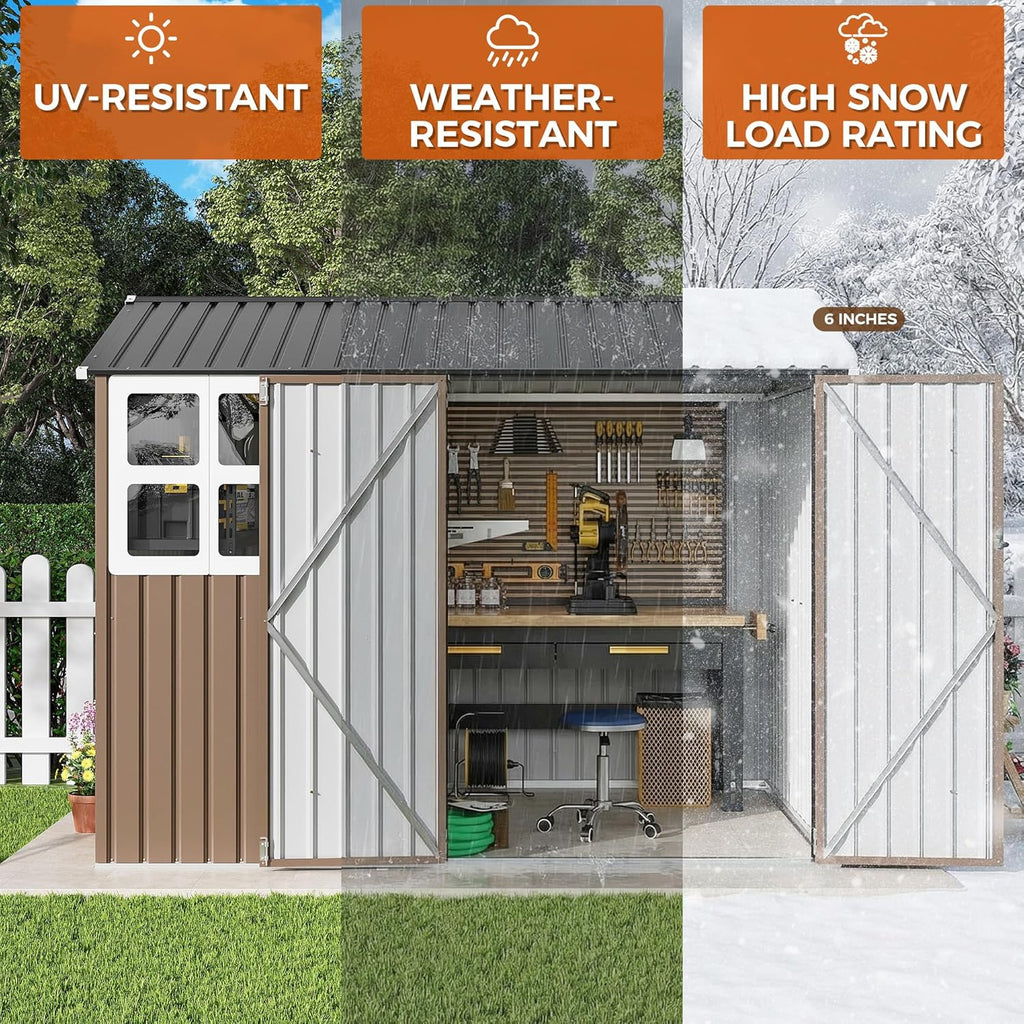 IRONCK 8x6FT Outdoor Storage Shed with Clear Window, Outdoor Shed, Brown