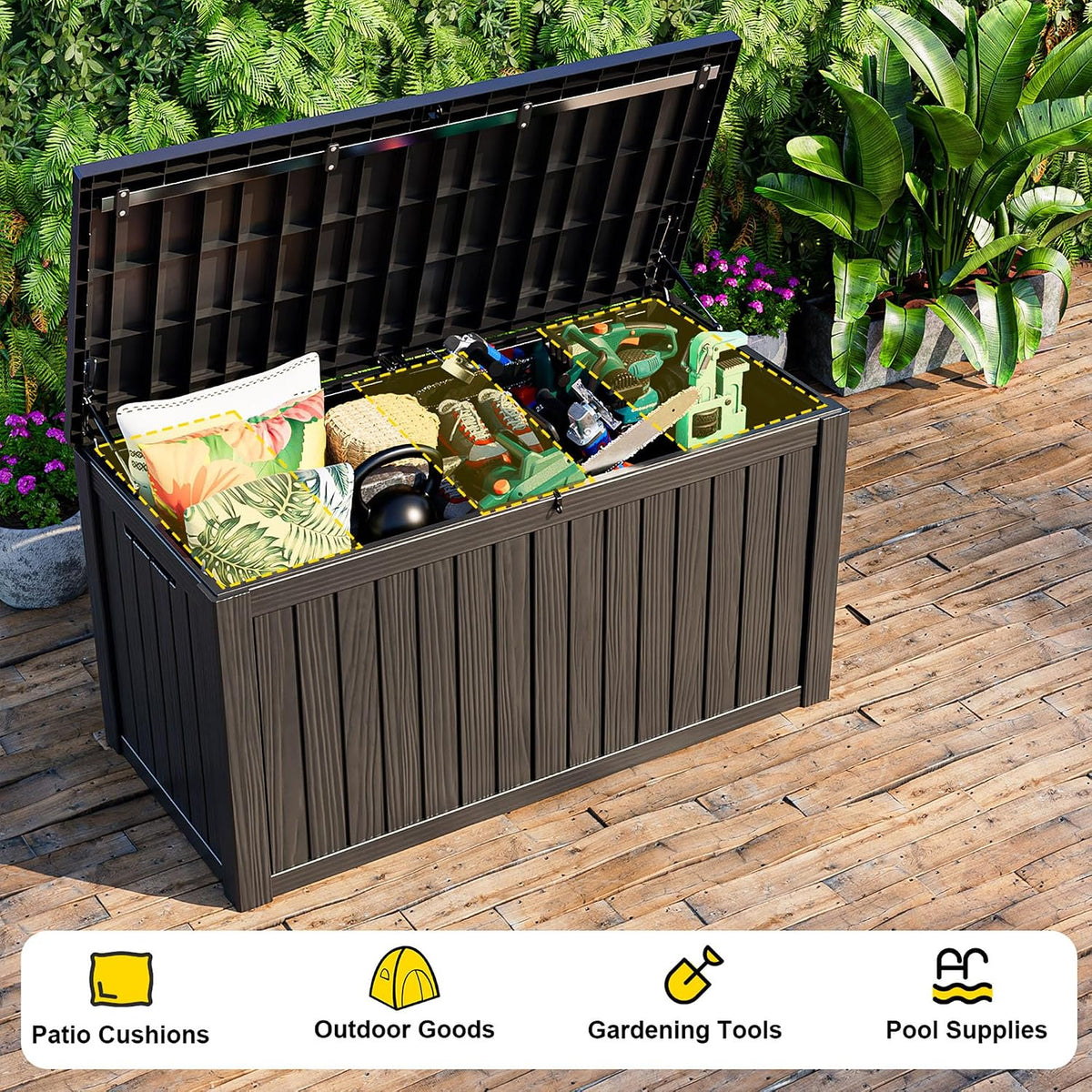 patiozen 180 gallon resin deck box, lockable weatherproof, side view