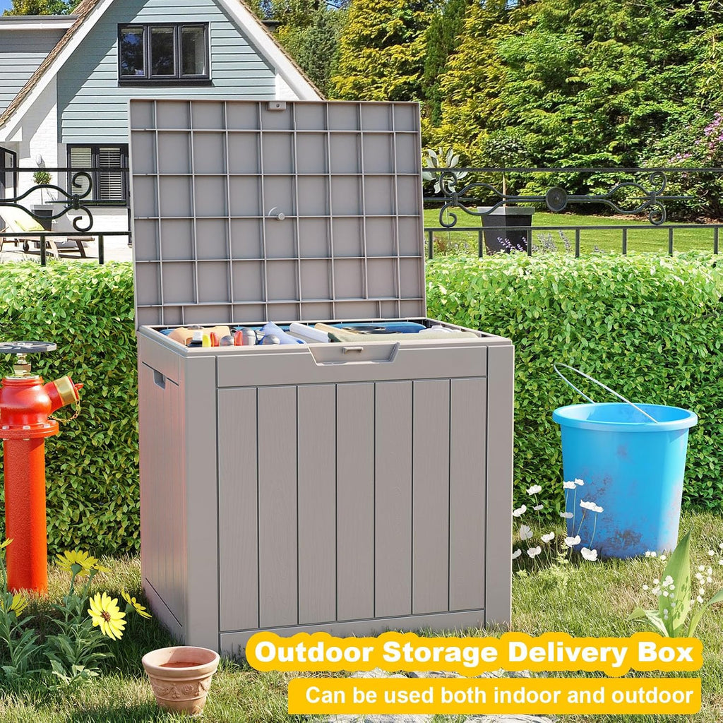 36 gallon outdoor deck box, lockable waterproof outdoor showing dimensions