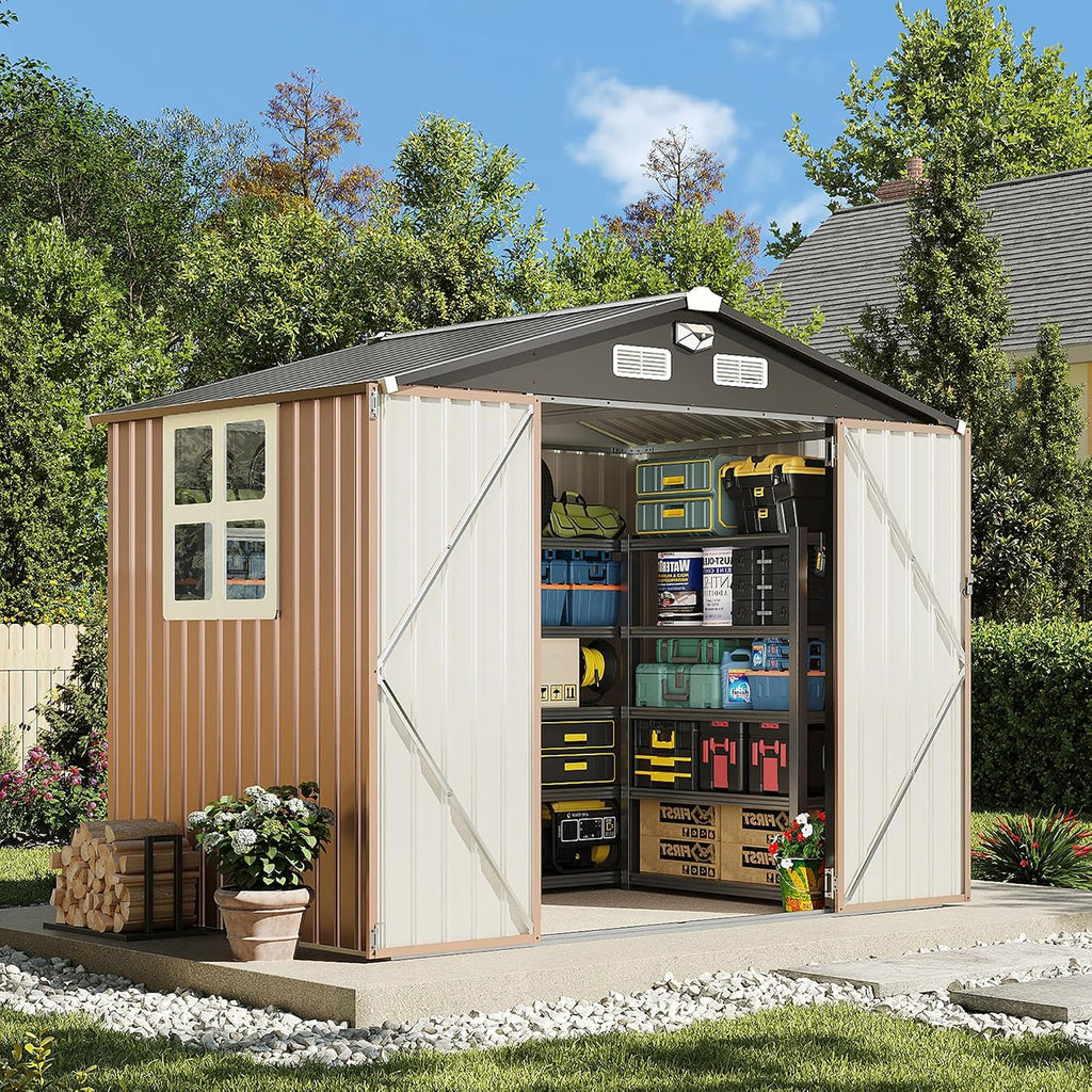 8x6FT Outdoor Storage Shed, Tool Shed with Sloping Roof and Lockable Door, Galvanized Metal Shed for Backyard Garden Patio Lawn, Brown1