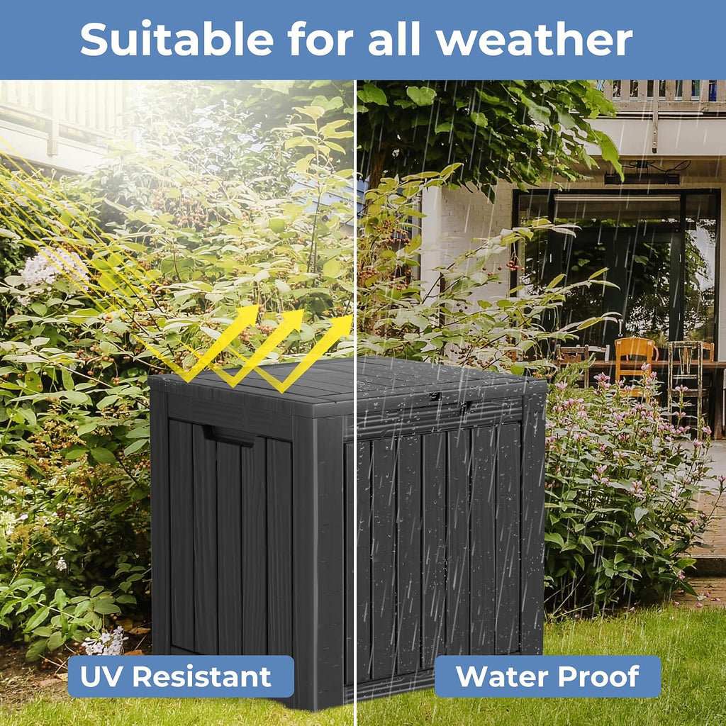 outdoor storage box, 31 gallon deck box indoor, side view