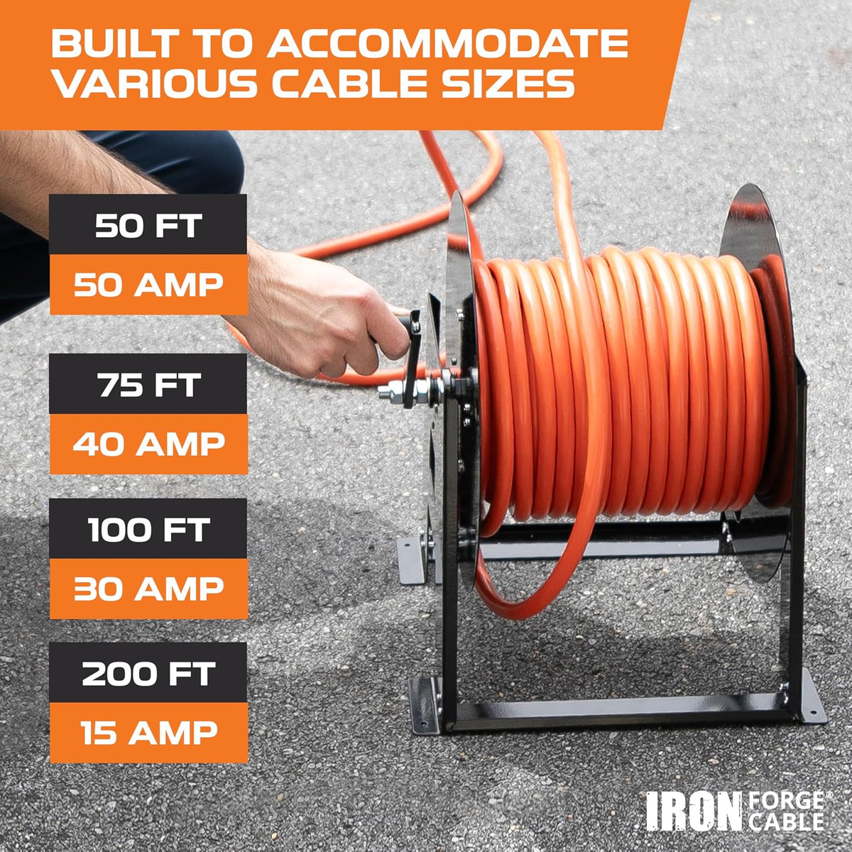 Iron Forge Cable RV Power Cord Reel, Holds 50 Ft - 50 Amp | Heavy Duty RV Cord Storage Reel - For 50 Amp RV Power Cords Up to 50 Ft