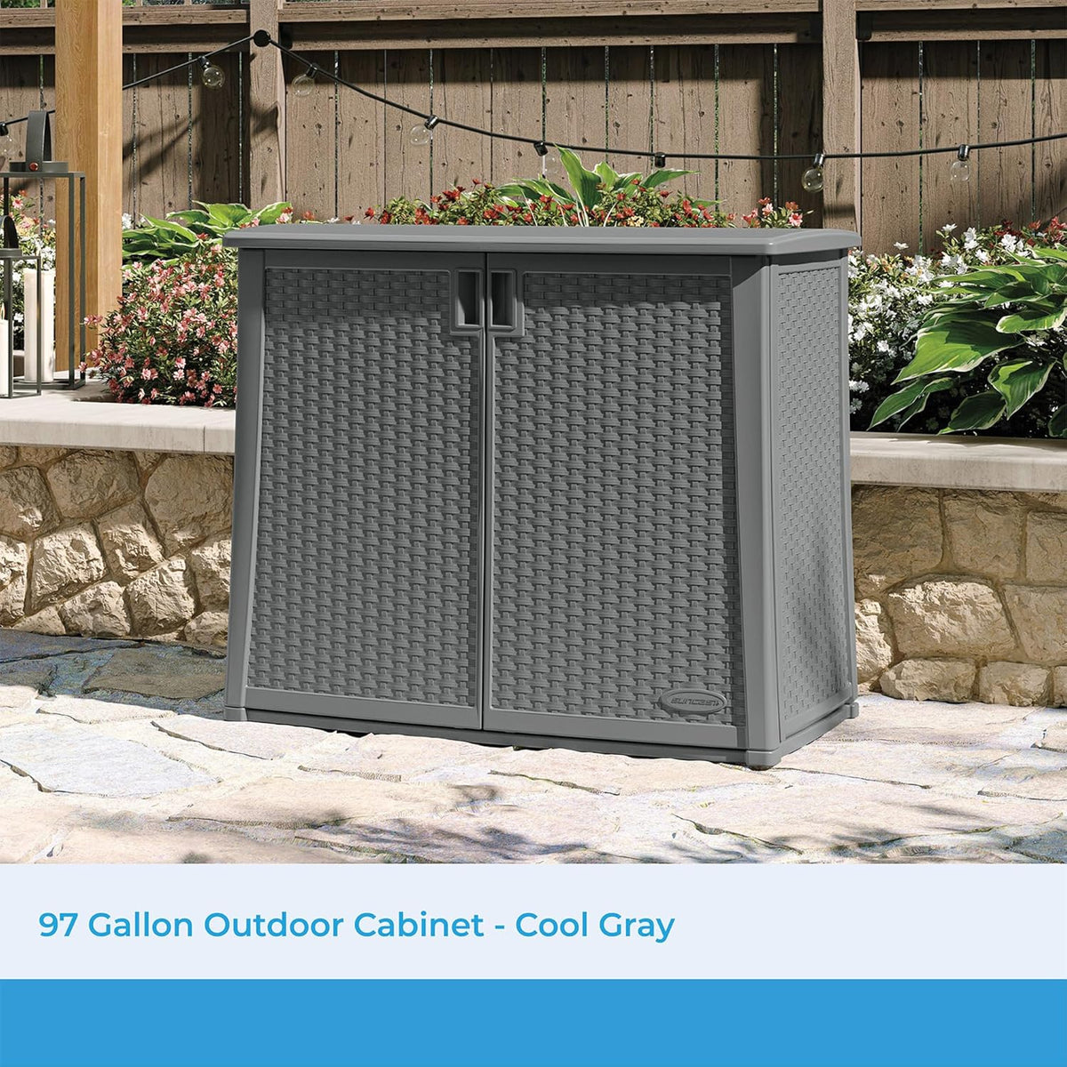 Suncast Lockable Outdoor Cabinet Storage for Patio, Garden and Backyard, 97 Gal, Cool Gray