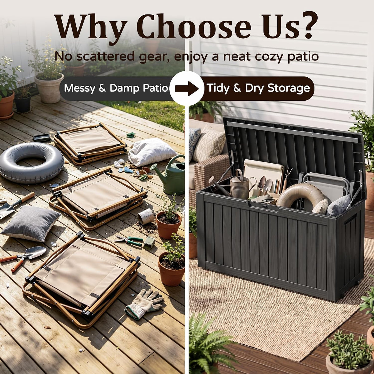 120gal outdoor storage box,weatherproof deck box with wheels,black, side view