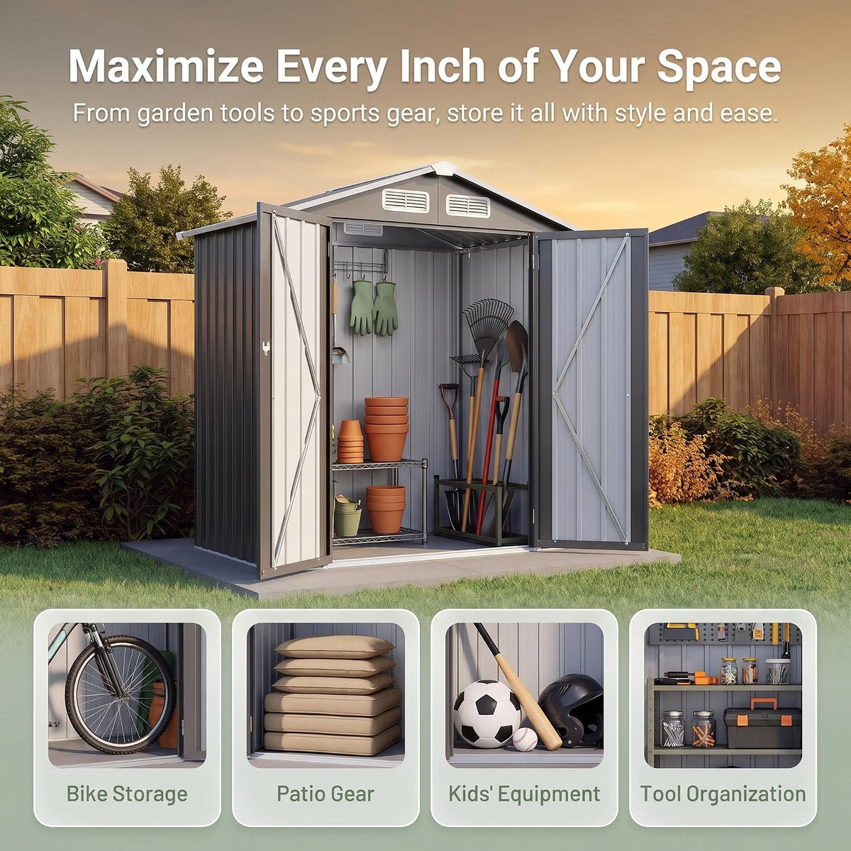 5x3 ft outdoor storage shed, metal tool shed showing dimensions