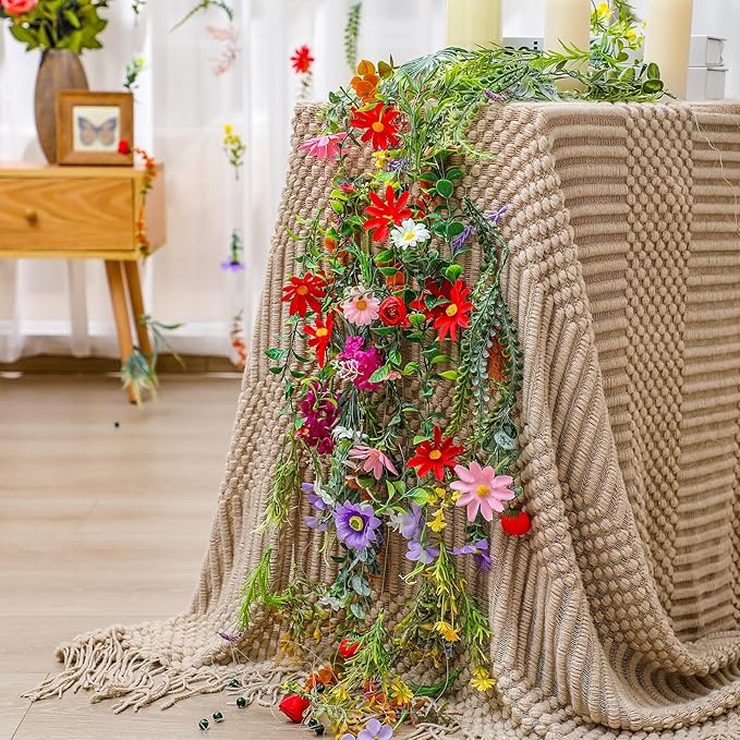 XunYee 6 Pcs 35.4 ft Flower Garlands Hanging Wildflower Backdrop Decoration Artificial Floral Garlands Fake Flower Vines Faux Silk Wildflower Decor for Halloween Fall Wedding Garden Wall Arch(Spring)