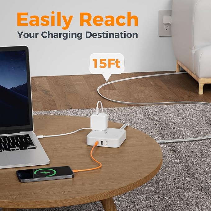 Surge Protector Flat Extension Cord 15Ft, TESSAN Flat Plug Power Strip