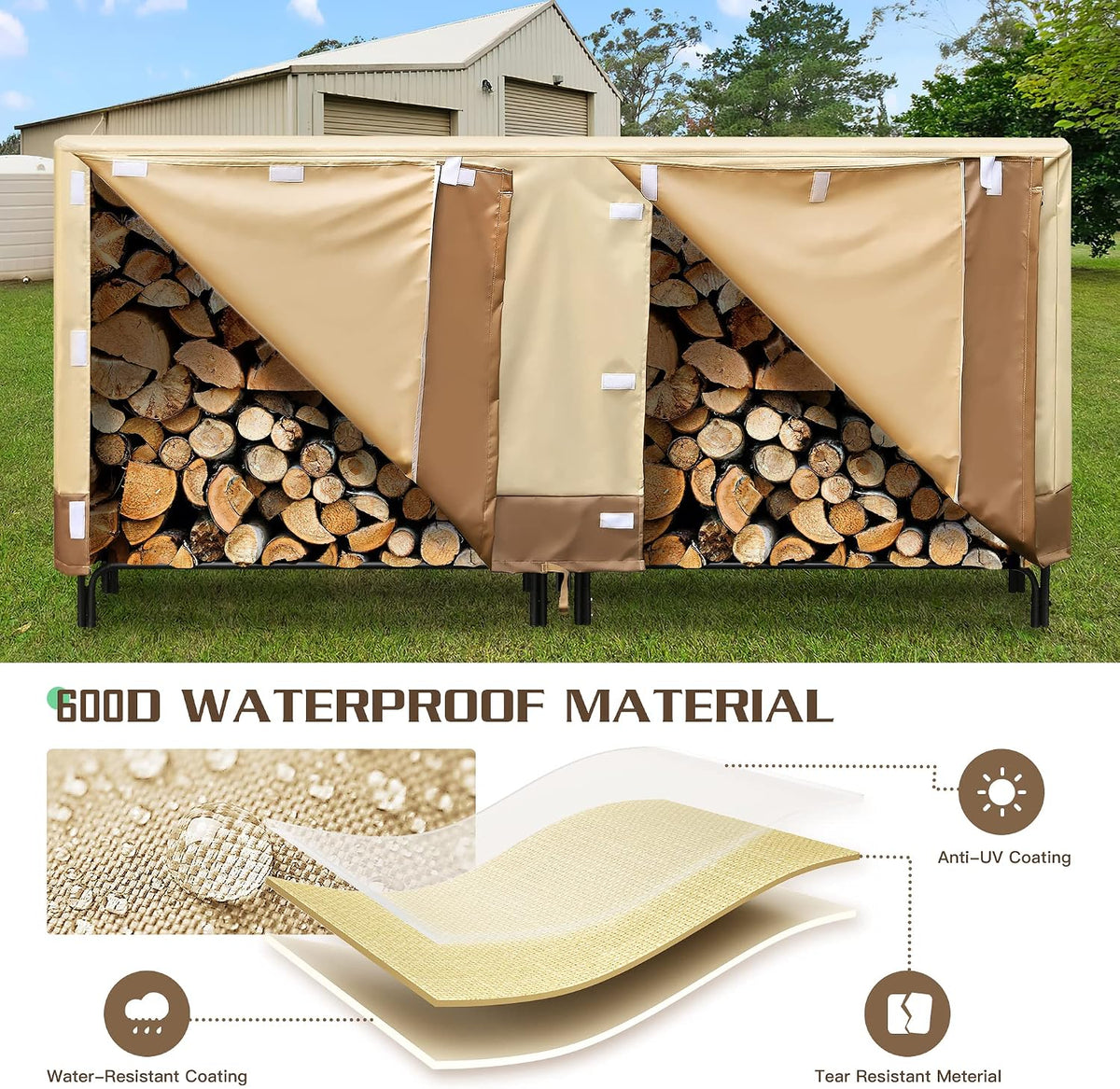 8ft Firewood Rack Cover, 600D Oxford Heavy Duty, Weatherproof & Waterproof with Black Storage Bag - Indoor/Outdoor Protection (96" L x 24" W x 42" H)