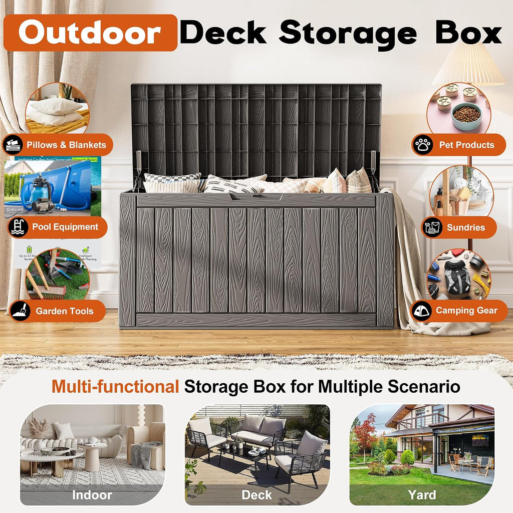 resin outdoor deck storage box waterproof (grey, 120 shown in use