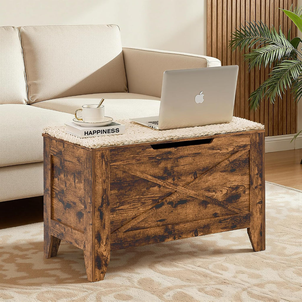 VECELO 30" Storage Bench with Handwoven Wicker Cushion, Lift Top Shoe Bench with Safety Hinges, Ideal for Entryway, Bedroom, Living Room, Brown