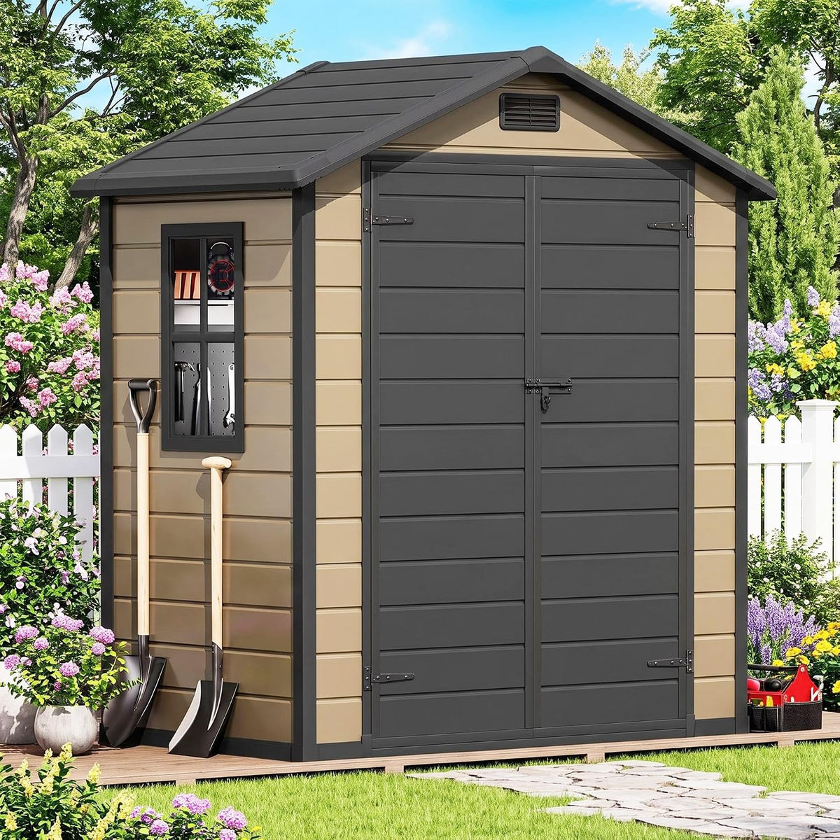 DWVO 6x4 FT Resin Outdoor Storage Shed with Floor, Windows & Vents