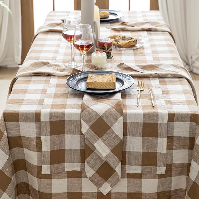 EVERLY 100% Yarn-Dyed Linen Rectangle Tablecloths 60x120Inches for Dining,Buffet Parties,Picnic,Events and Restaurants,Decorative Halloween,Thanksgiving Machine Washable Tablecloths-Brown Plaid