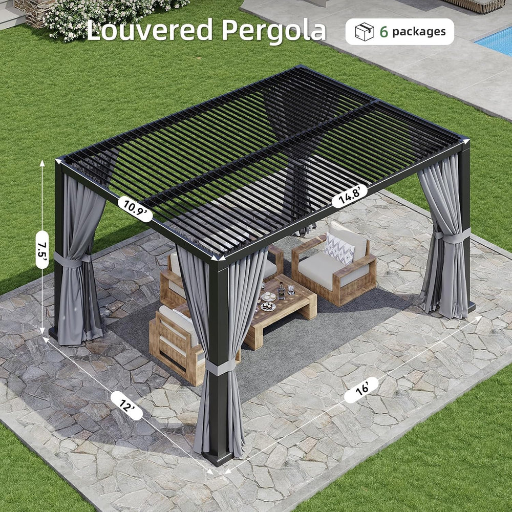 Aoxun Louvered Pergola 12x16 All-Aluminum, Waterproof Curtains and Netting