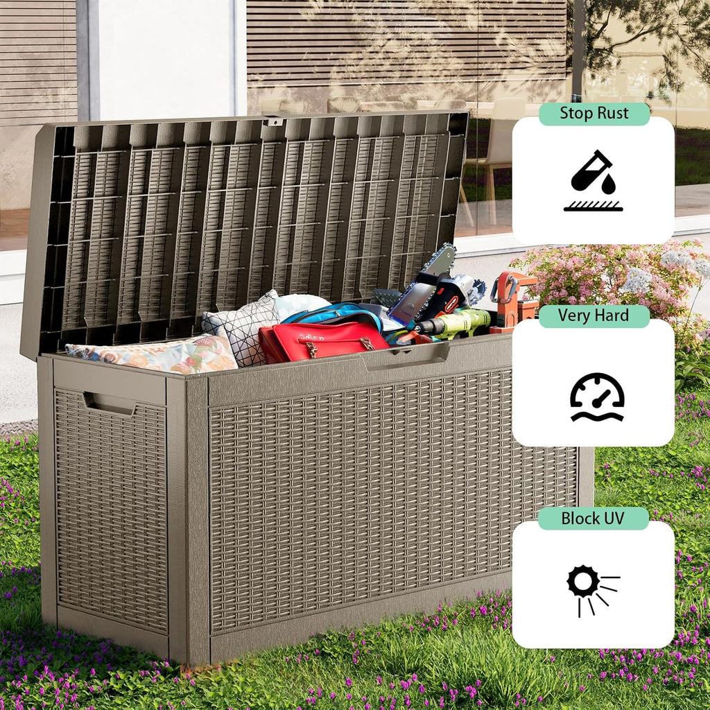 vixzen 70 gallon deck boxes outdoor waterproof, lockable showing dimensions