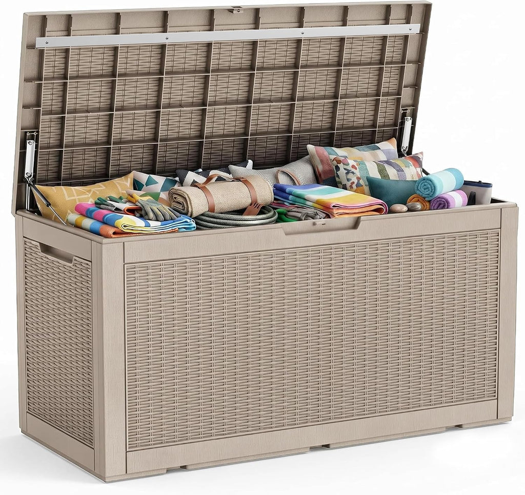 PatioZen 150 Gallon Resin Deck Box, Lockable Patio Outdoor Storage Box for Furniture, Garden Tools and Tools Storage, Waterproof Outside Storage Boxes - Grey