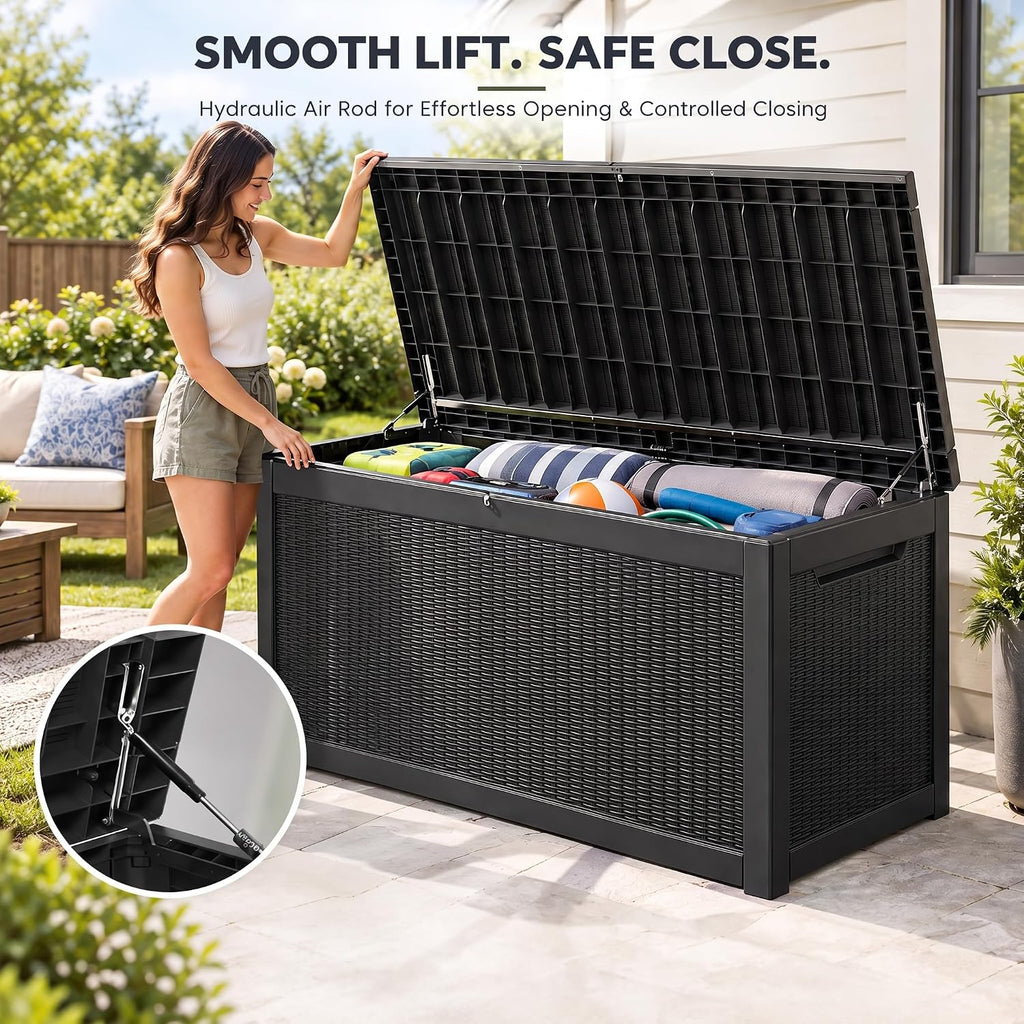 350 gallon outdoor storage box, extra-large heavy-duty waterproof shown in use