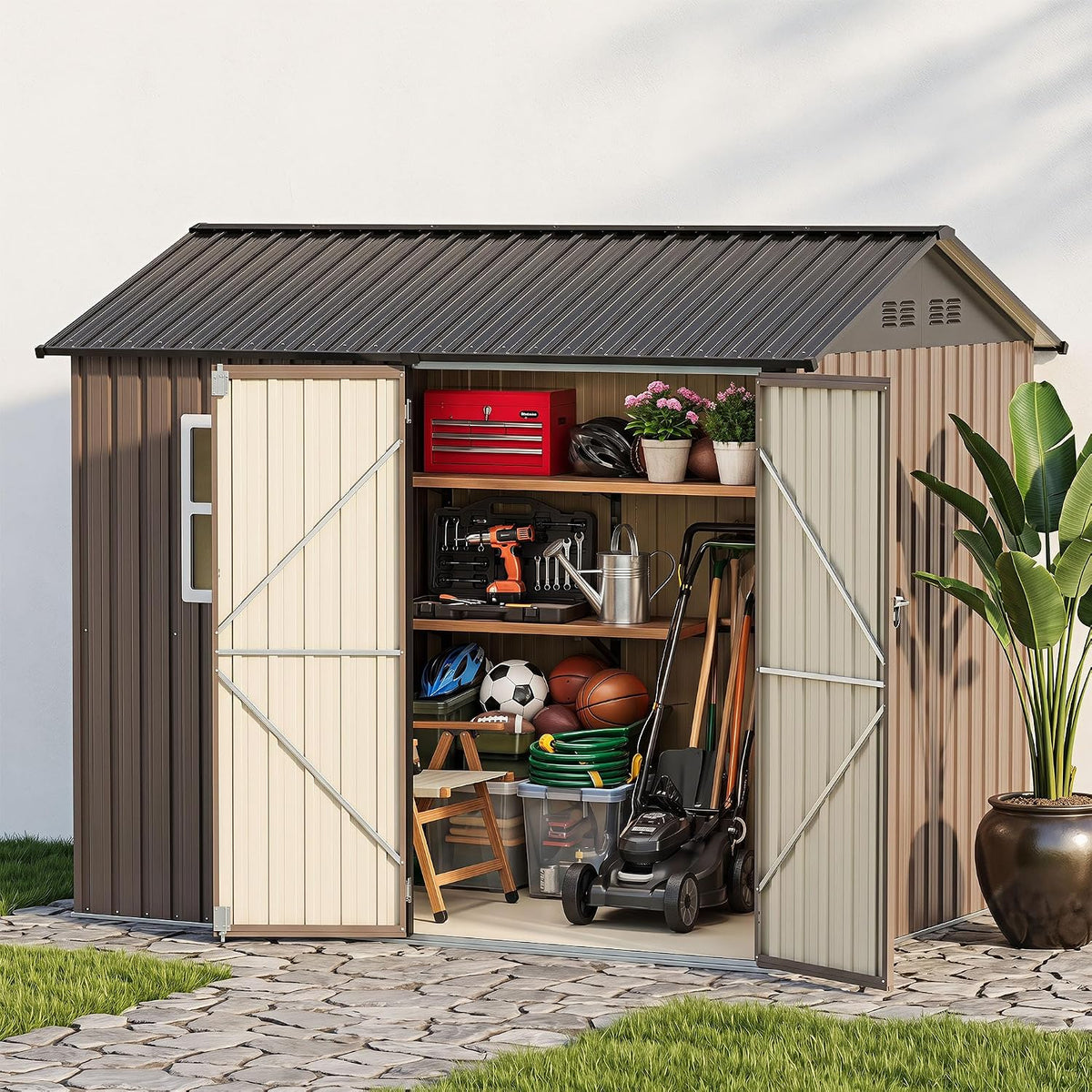 LAUSAINT HOME 8 x 6 FT Outdoor Storage Shed with Window, Galvanized Steel Storage Shed, Double Lockable Doors, Gable Roof & Air Vent for Backyard, Brown