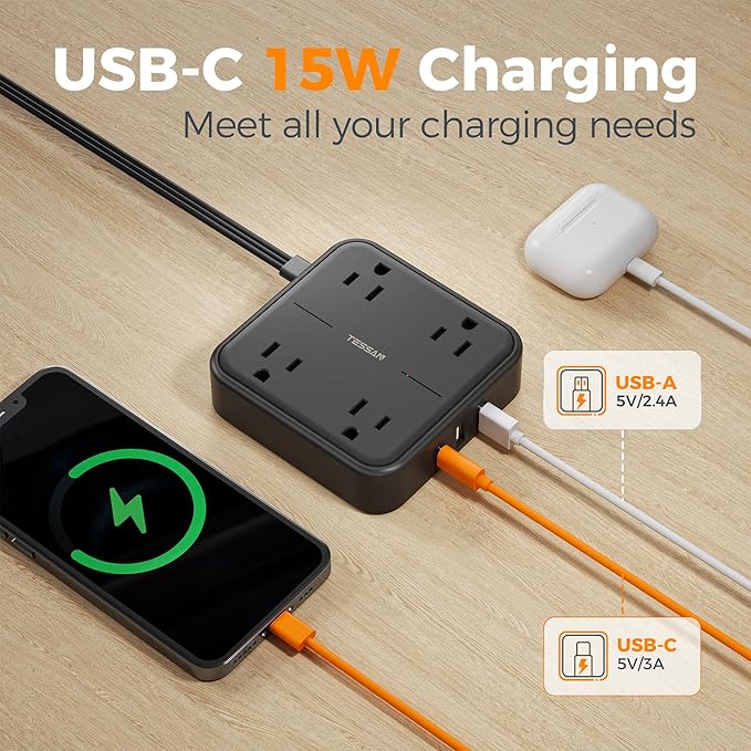 Surge Protector Flat Extension Cord 15FT, TESSAN Flat Plug Power Strip