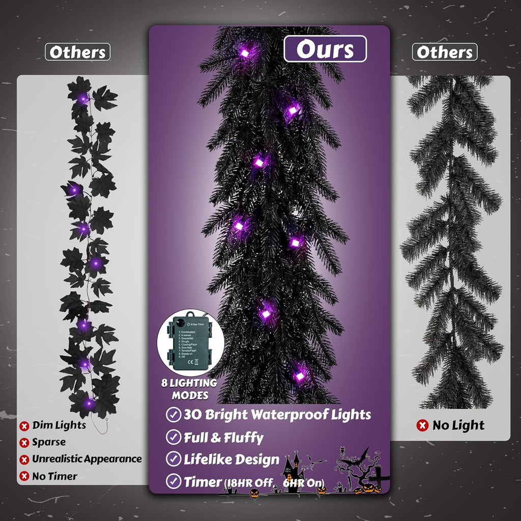 DOIOWN Pre-Lit 6FT Black Norfolk Pine Halloween Garland