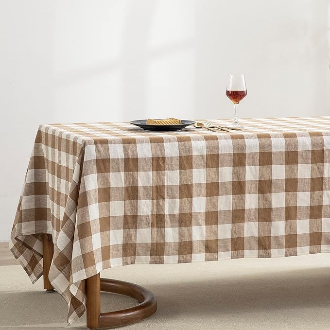 EVERLY 100% Yarn-Dyed Linen Rectangle Tablecloths 60x120Inches for Dining,Buffet Parties,Picnic,Events and Restaurants,Decorative Halloween,Thanksgiving Machine Washable Tablecloths-Brown Plaid