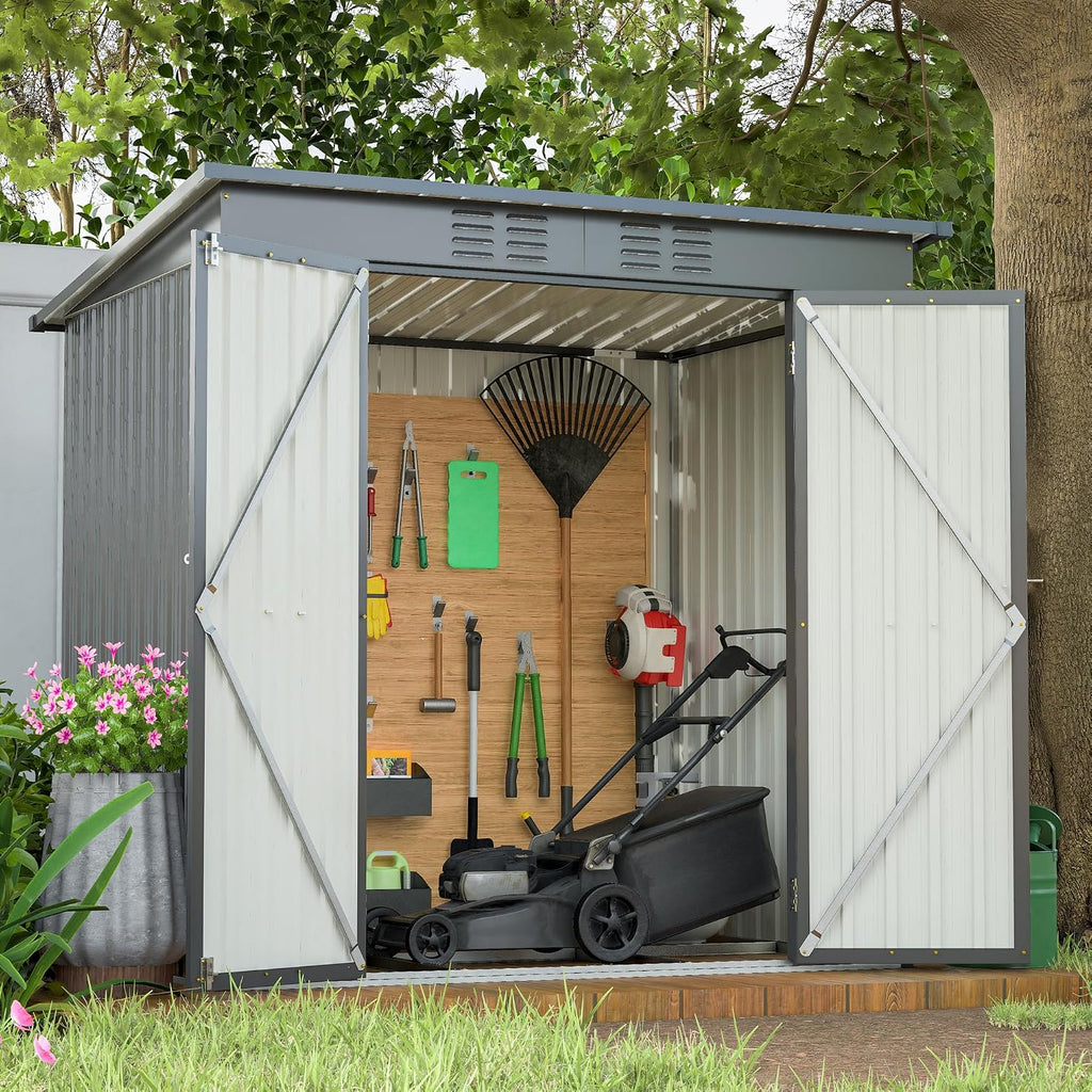 6x4 FT Galvanized Steel Garden Sheds with Ventilation and Sloped Roof, Metal Storage Locker Includes A Lock,Key & Hinged Doors,2 Pairs of Gloves,for Tool,Equipment,Black
