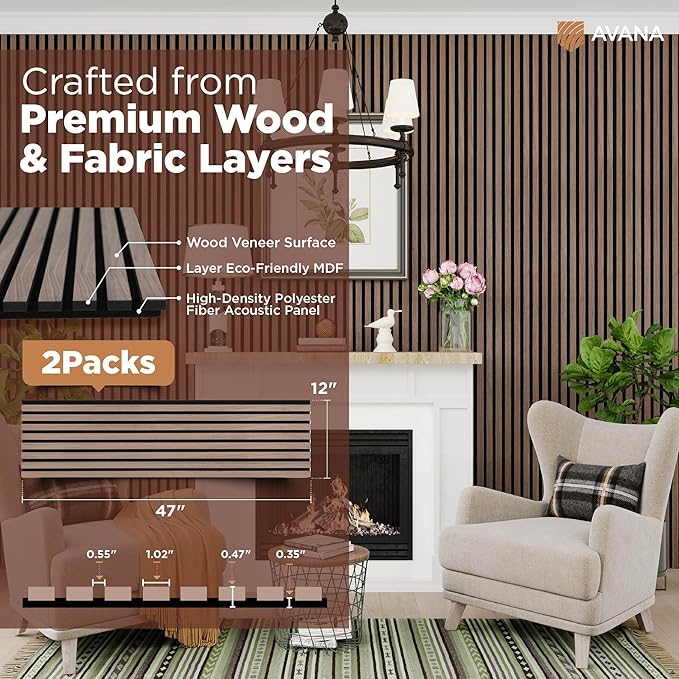 Avana Acoustic Wood Wall Panels – 47.2 X 12.6 Inch Walnut Acoustic Panels 2 PCs