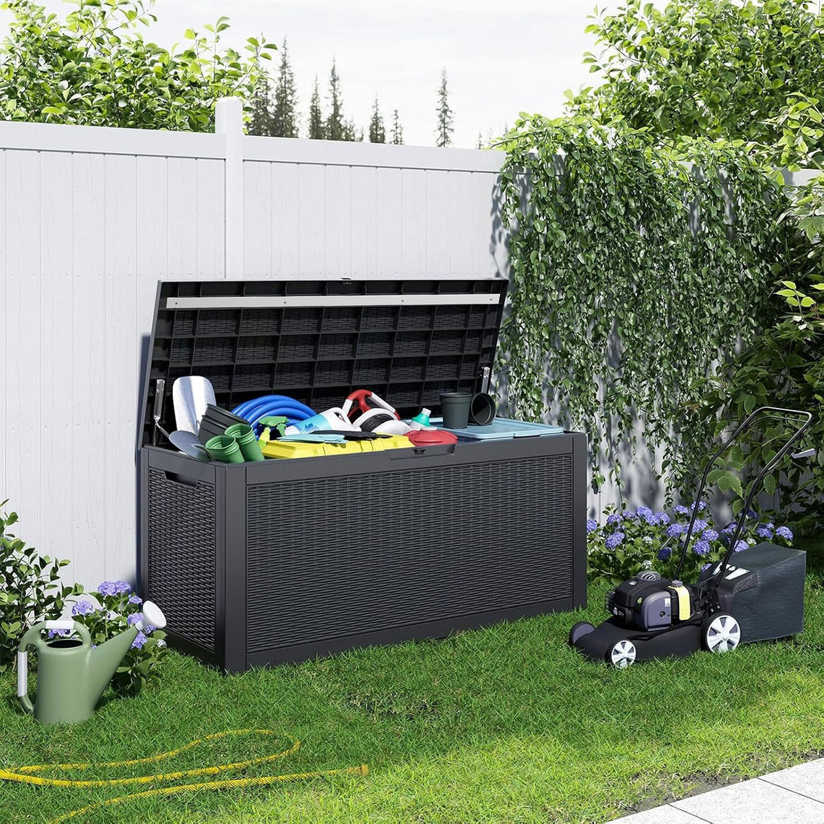 patiozen 120 gallon outdoor deck box,waterproof resin outdoor, side view
