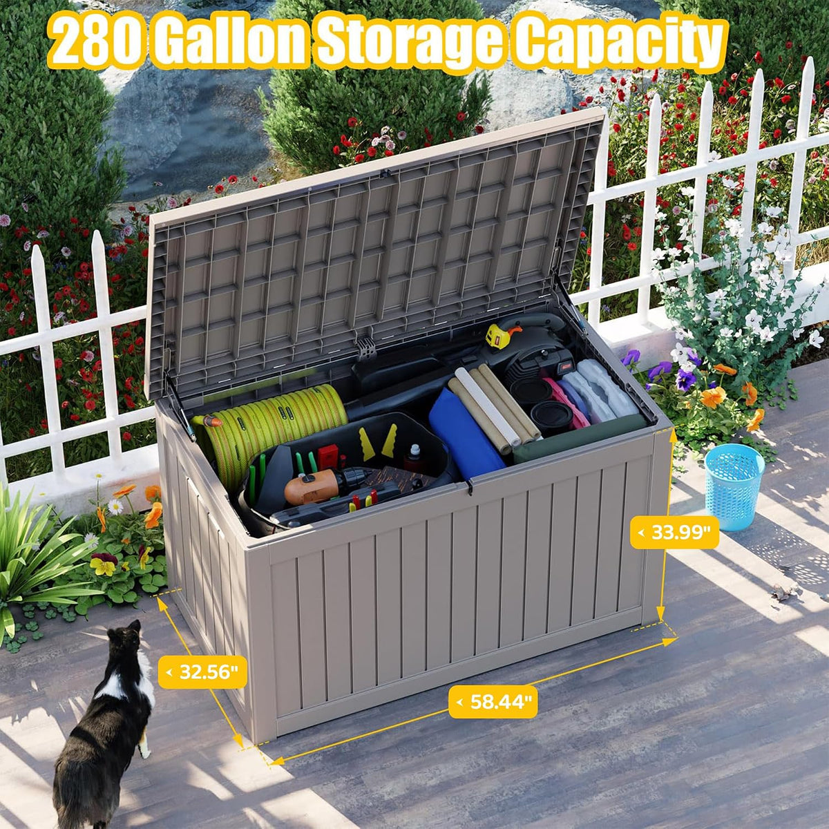 280 gallon outdoor deck box, lockable waterproof outdoor shown in use