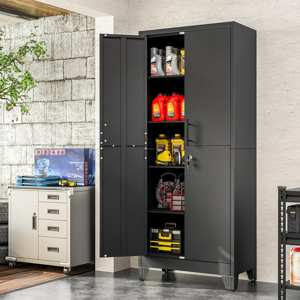 70.86" metal garage storage cabinet, lockable tall tool, front angle view