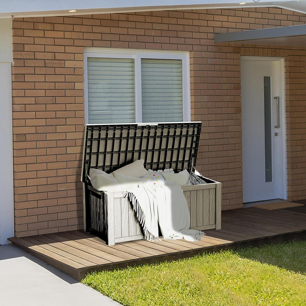 outdoor storage box, 150 gallon waterproof deck box shown in use
