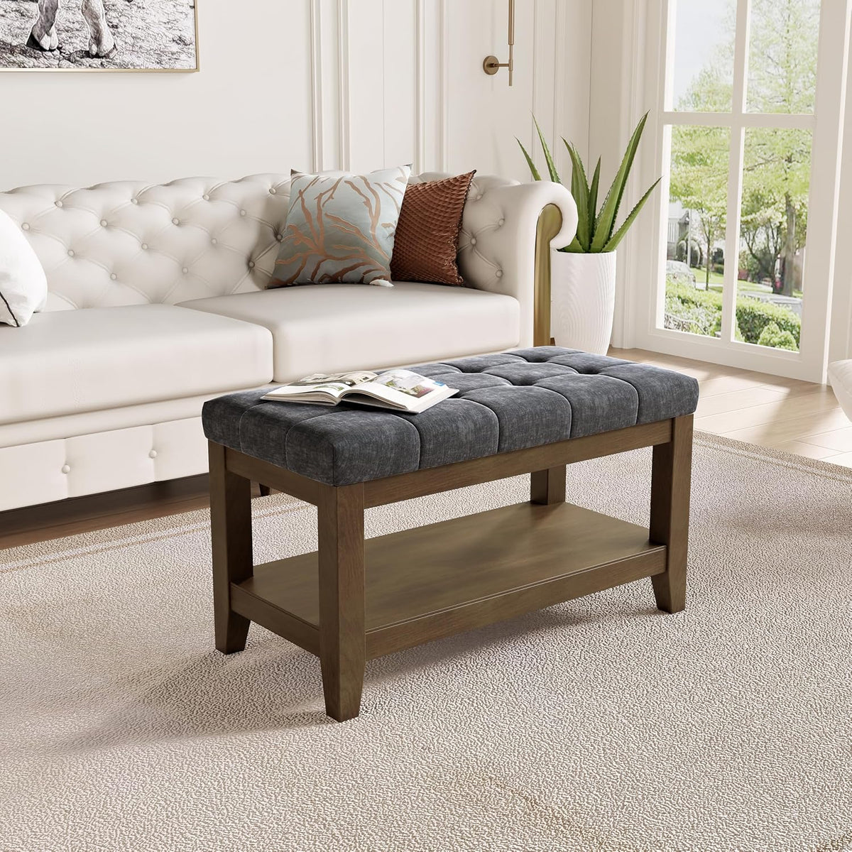 abheng solid rubber wood shoe bench, soft chenille showing dimensions