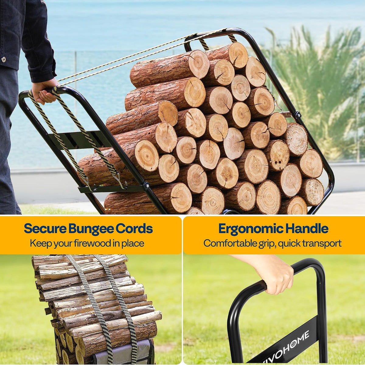 vivohome firewood log cart carrier with rubber wheels showing dimensions