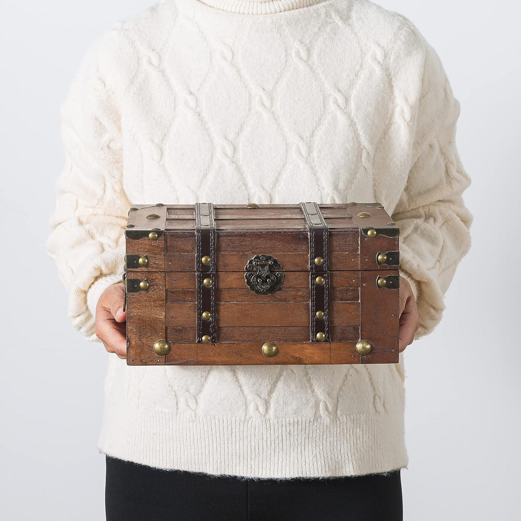 SLPR - Alexander Small Wooden Treasure Chest with Hinged Lid, 11x7x5.5 In