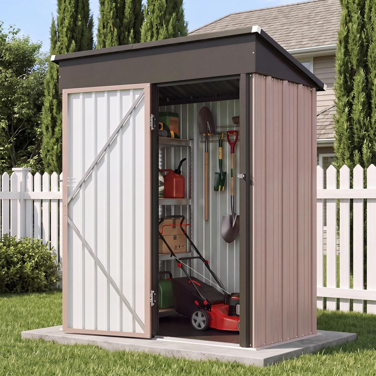 aoxun 5x3 ft outdoor storage shed with sloping shown in use