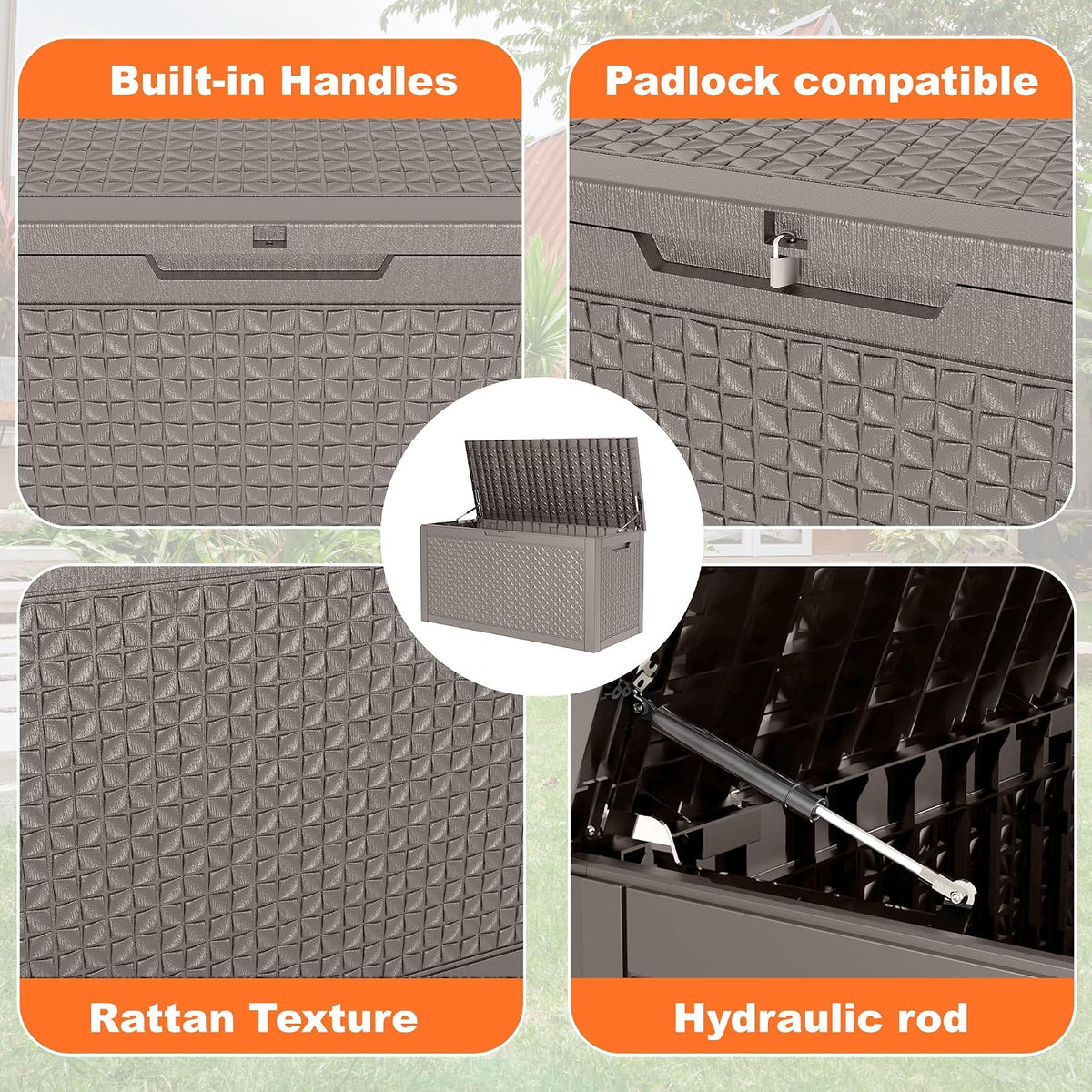 drato 110 gallon deck boxes outdoor waterproof, resin, side view